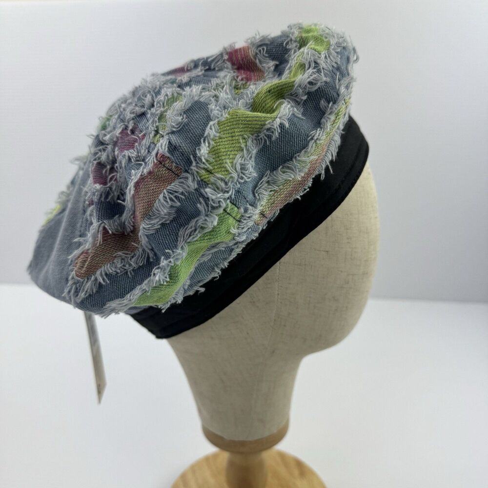 Patchwork Denim Beret Hat Womens Blue Frayed Distressed Adjustable Newsboy Cap - Picture 3 of 9